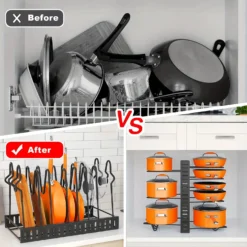 Durable pot and pan storage rack with adjustable shelves for kitchen cabinet organization