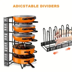 Durable pot and pan storage rack with adjustable shelves for kitchen cabinet organization