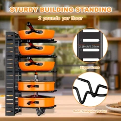Durable pot and pan storage rack with adjustable shelves for kitchen cabinet organization