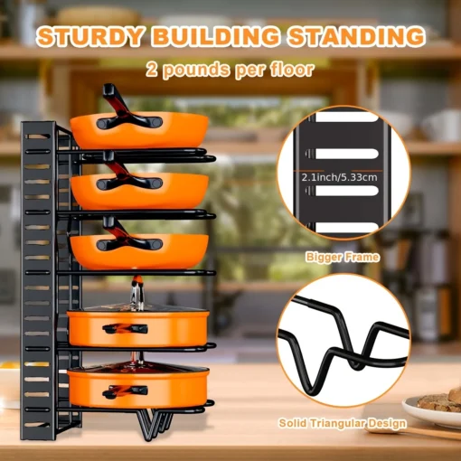 Durable pot and pan storage rack with adjustable shelves for kitchen cabinet organization
