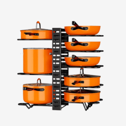 Durable pot and pan storage rack with adjustable shelves for kitchen cabinet organization