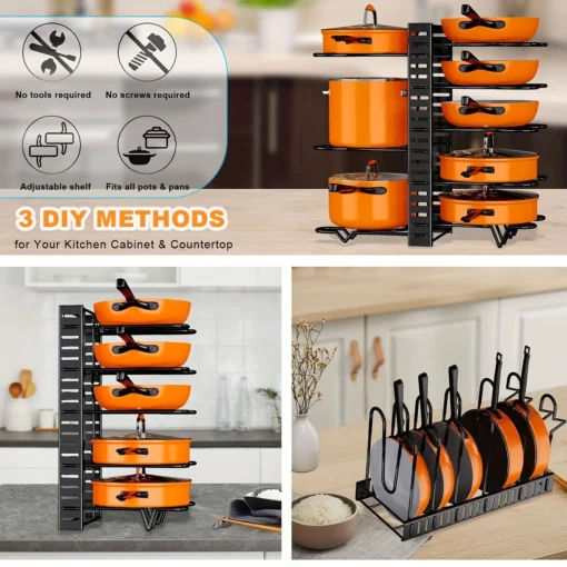Durable pot and pan storage rack with adjustable shelves for kitchen cabinet organization