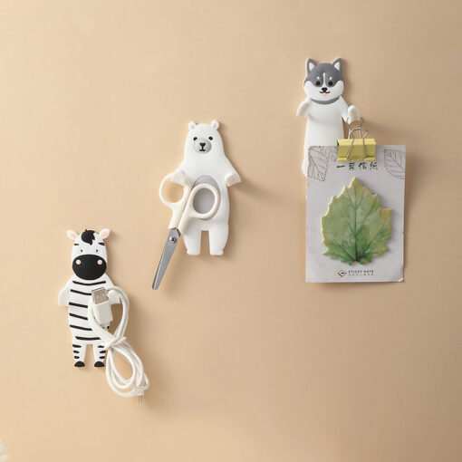 Cute animal-shaped wall hook with double bendable arms, adhesive mount