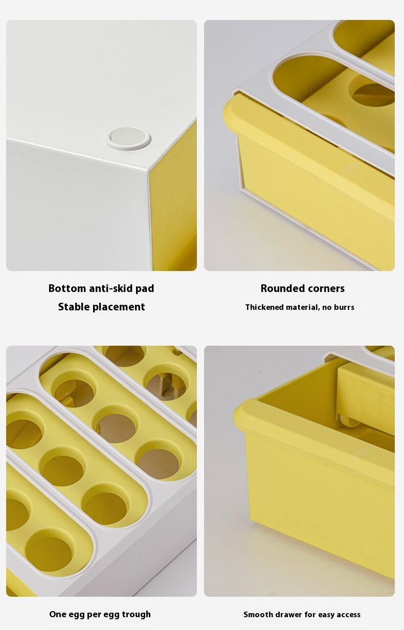 Compact plastic drawer-style egg storage box for 12 eggs