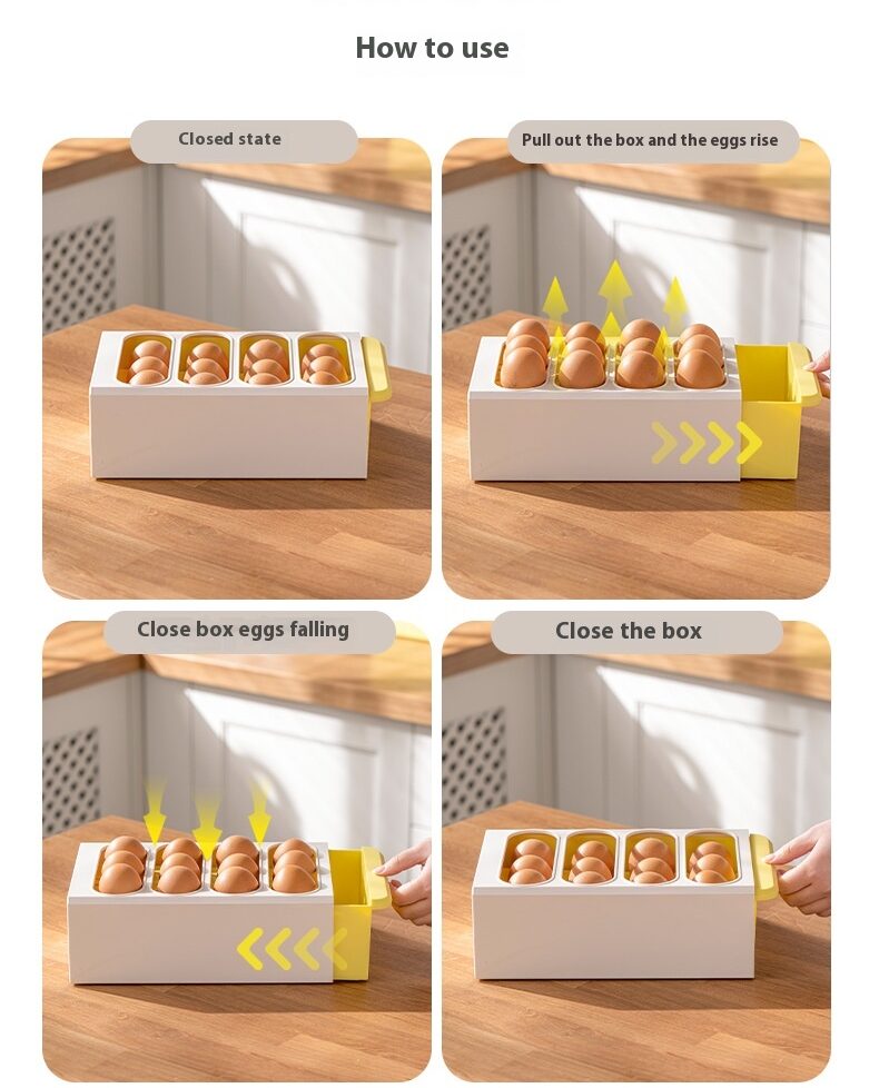Compact plastic drawer-style egg storage box for 12 eggs