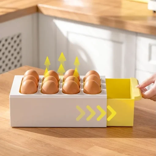 Compact plastic drawer-style egg storage box for 12 eggs