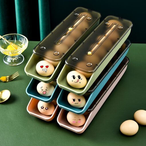 Egg storage box placed in fridge shelf with rolling eggs