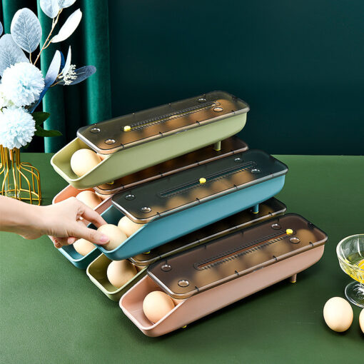 Egg storage box placed in fridge shelf with rolling eggs