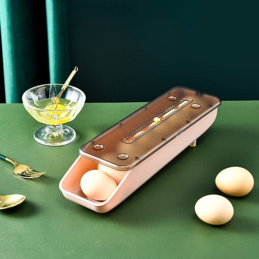 Automatic rolling egg storage box with transparent lid in pink