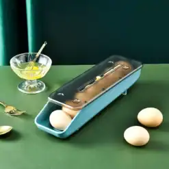 Automatic rolling egg storage box with transparent lid in blue