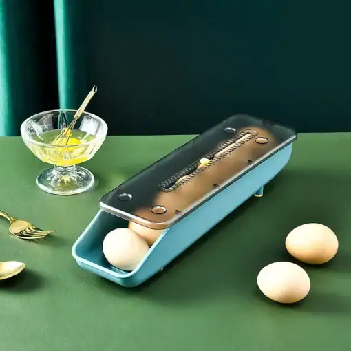 Automatic rolling egg storage box with transparent lid in blue