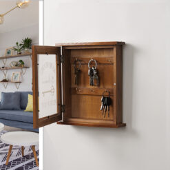 Vintage wooden key storage cabinet with 6 hooks for wall mounting