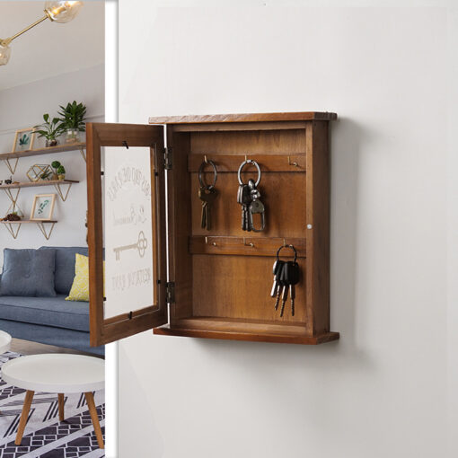 Vintage wooden key storage cabinet with 6 hooks for wall mounting