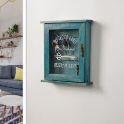 Vintage wooden key storage cabinet with 6 hooks for wall mounting