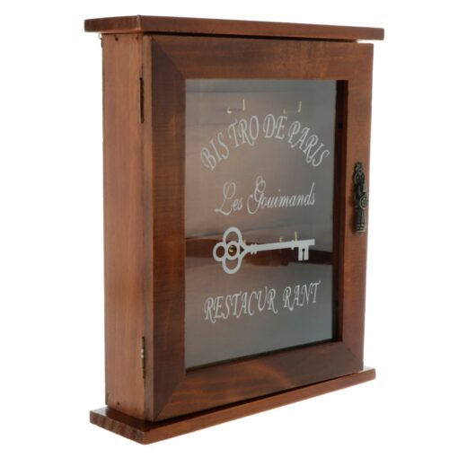Vintage wooden key storage cabinet with 6 hooks for wall mounting