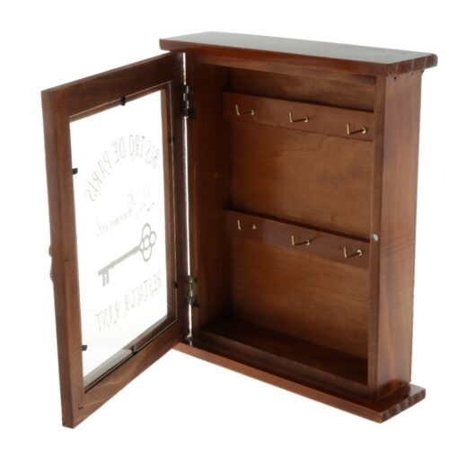 Vintage wooden key storage cabinet with 6 hooks for wall mounting