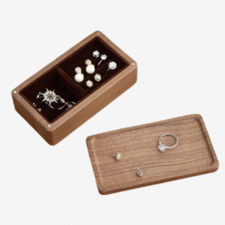 Compact luxury magnetic wooden jewelry box with velvet lining for rings, earrings, and necklaces