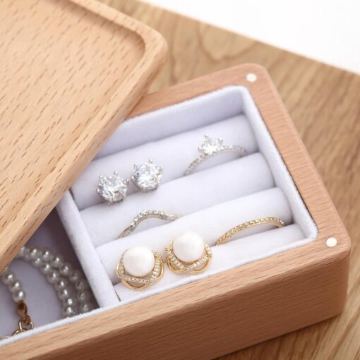 Compact luxury magnetic wooden jewelry box with velvet lining for rings, earrings, and necklaces