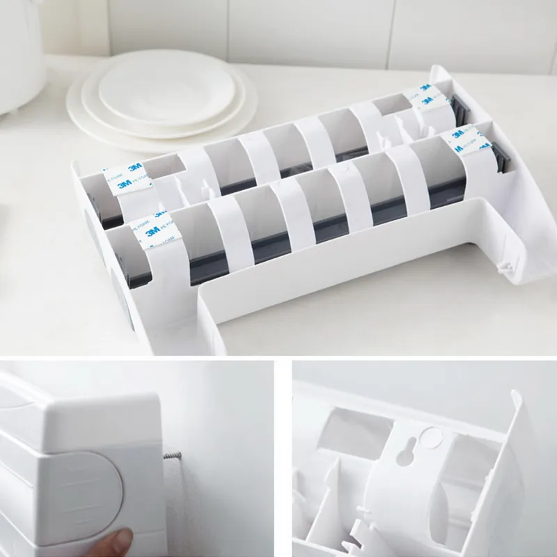 Wall-mounted kitchen wrap cutter and storage rack for foil, cling film, and paper towels