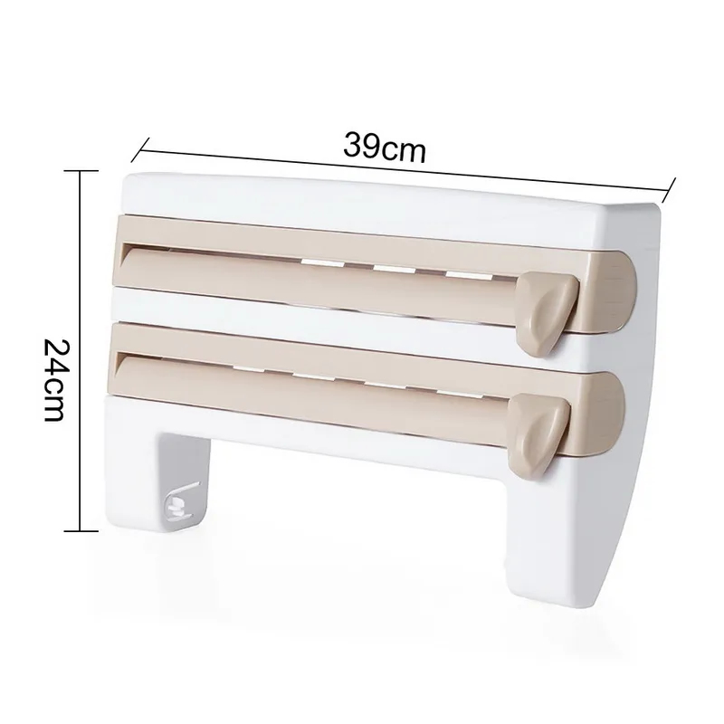 Wall-mounted kitchen wrap cutter and storage rack for foil, cling film, and paper towels