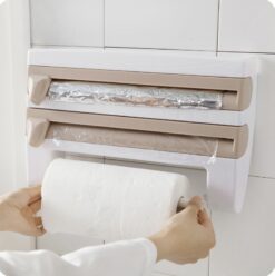 Wall-mounted kitchen wrap cutter and storage rack for foil, cling film, and paper towels
