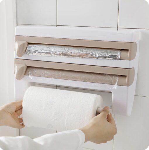 Wall-mounted kitchen wrap cutter and storage rack for foil, cling film, and paper towels