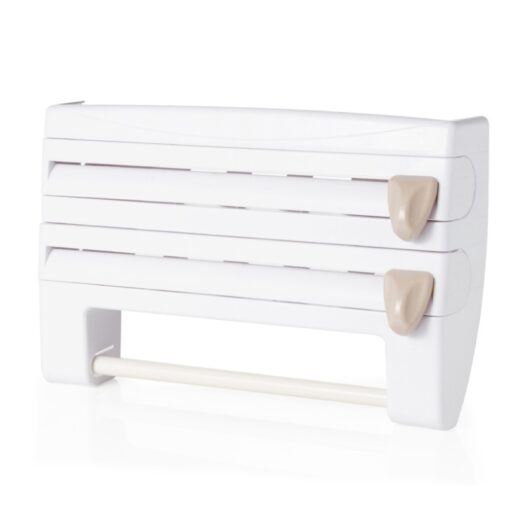 Wall-mounted kitchen wrap cutter and storage rack for foil, cling film, and paper towels