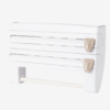 Wall-mounted kitchen wrap cutter and storage rack for foil, cling film, and paper towels
