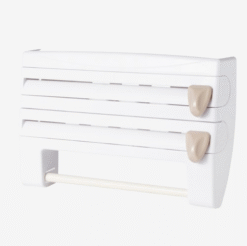 Wall-mounted kitchen wrap cutter and storage rack for foil, cling film, and paper towels