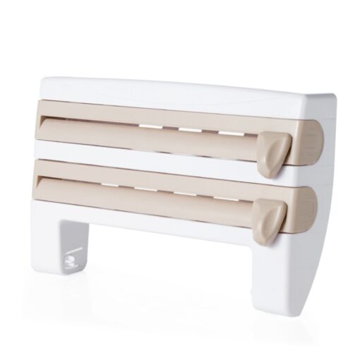 Wall-mounted kitchen wrap cutter and storage rack for foil, cling film, and paper towels