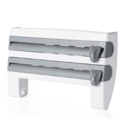 Wall-mounted kitchen wrap cutter and storage rack for foil, cling film, and paper towels