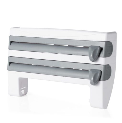 Wall-mounted kitchen wrap cutter and storage rack for foil, cling film, and paper towels