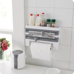 Wall-mounted kitchen wrap cutter and storage rack for foil, cling film, and paper towels