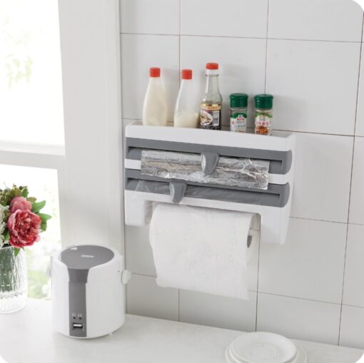 Wall-mounted kitchen wrap cutter and storage rack for foil, cling film, and paper towels