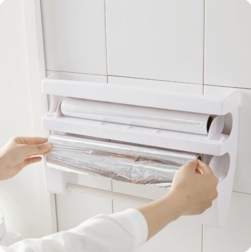 Wall-mounted kitchen wrap cutter and storage rack for foil, cling film, and paper towels