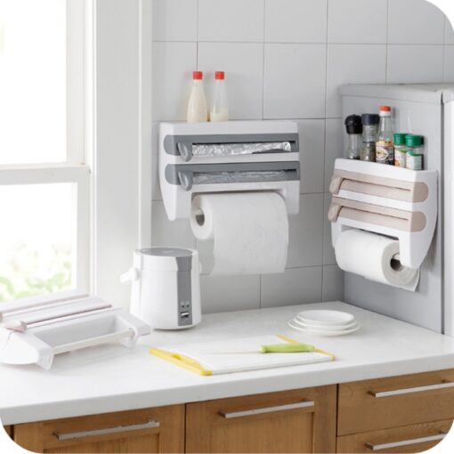 Wall-mounted kitchen wrap cutter and storage rack for foil, cling film, and paper towels