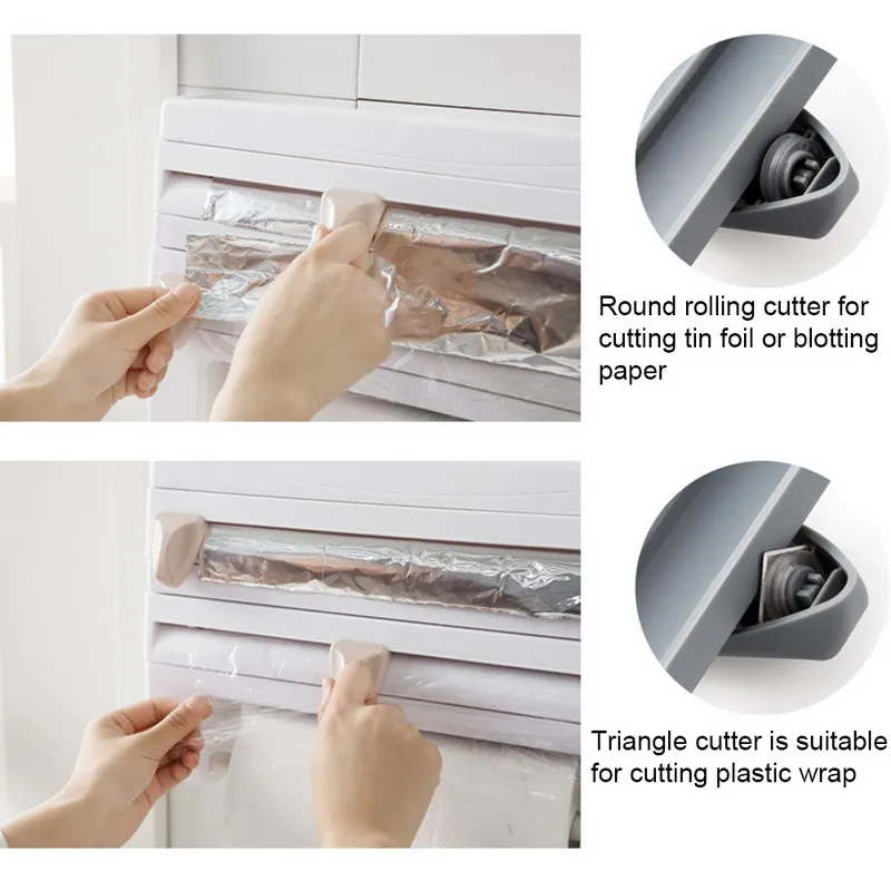 Wall-mounted kitchen wrap cutter and storage rack for foil, cling film, and paper towelsWall-mounted kitchen wrap cutter and storage rack for foil, cling film, and paper towels
