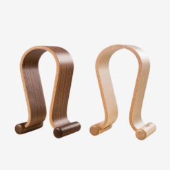 Solid wood headphone stand with natural wood grain finish for desk setup