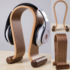 Minimalist walnut headphone holder for gaming and audio accessories
