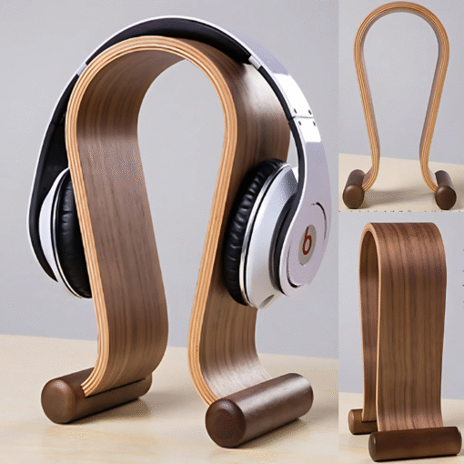 Minimalist walnut headphone holder for gaming and audio accessories