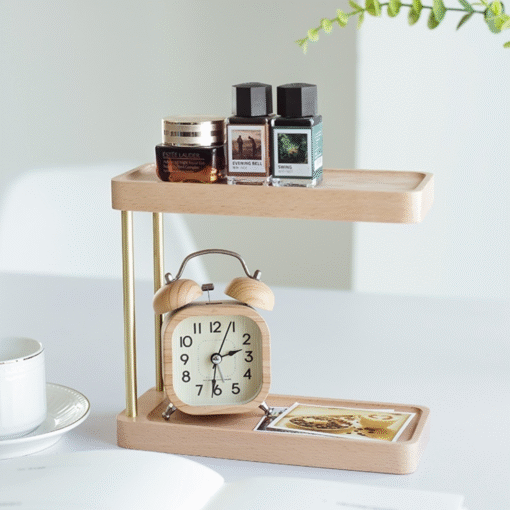 Compact solid wood desktop storage rack with 2 shelves, ideal for books and home organization