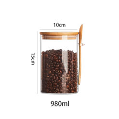 Transparent glass storage jar with wooden spoon and lid for kitchen pantry organizati