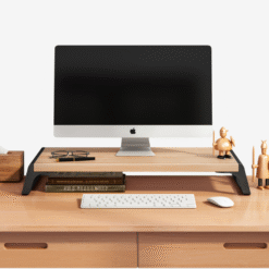 Ergonomic wooden monitor riser stand with modern spliced-leg design for office desk setup