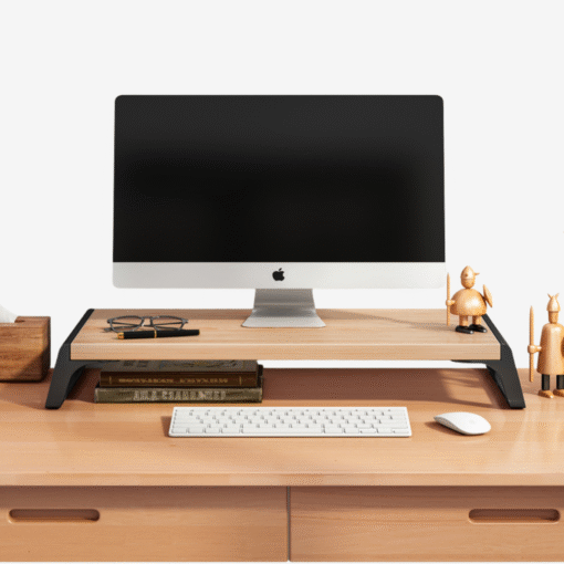 Ergonomic wooden monitor riser stand with modern spliced-leg design for office desk setup
