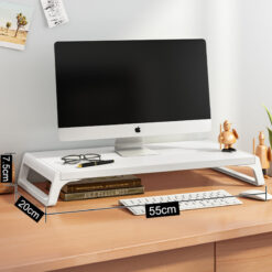 Ergonomic wooden monitor riser stand with modern spliced-leg design for office desk setup