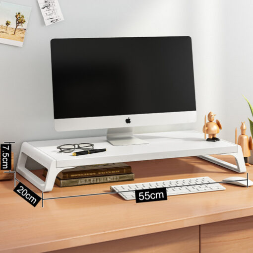 Ergonomic wooden monitor riser stand with modern spliced-leg design for office desk setup
