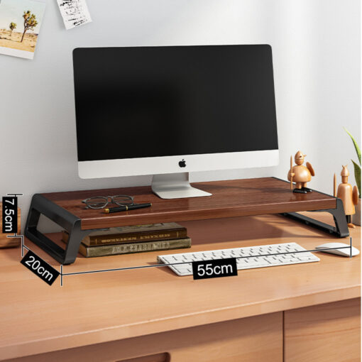 Ergonomic wooden monitor riser stand with modern spliced-leg design for office desk setup
