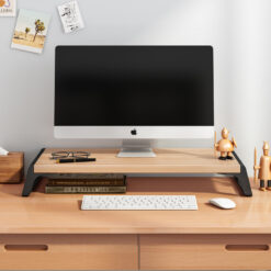 Ergonomic wooden monitor riser stand with modern spliced-leg design for office desk setup
