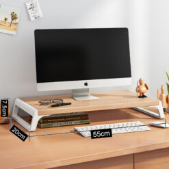 Ergonomic wooden monitor riser stand with modern spliced-leg design for office desk setup