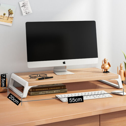 Ergonomic wooden monitor riser stand with modern spliced-leg design for office desk setup
